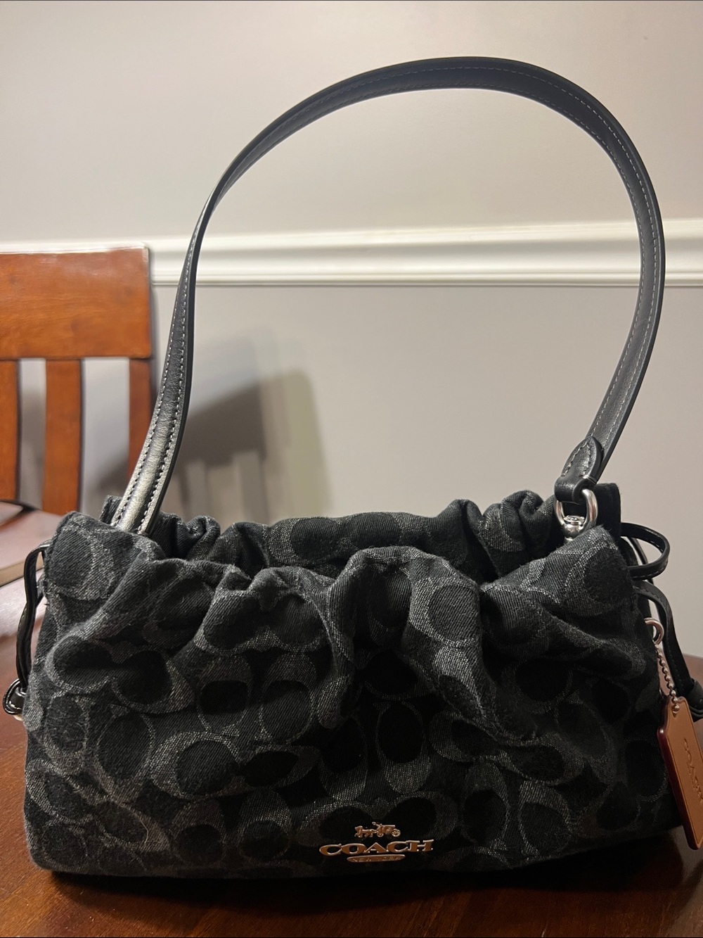 Coach Black Signature Ruched Shoulder Bag with Leather Strap and Logo